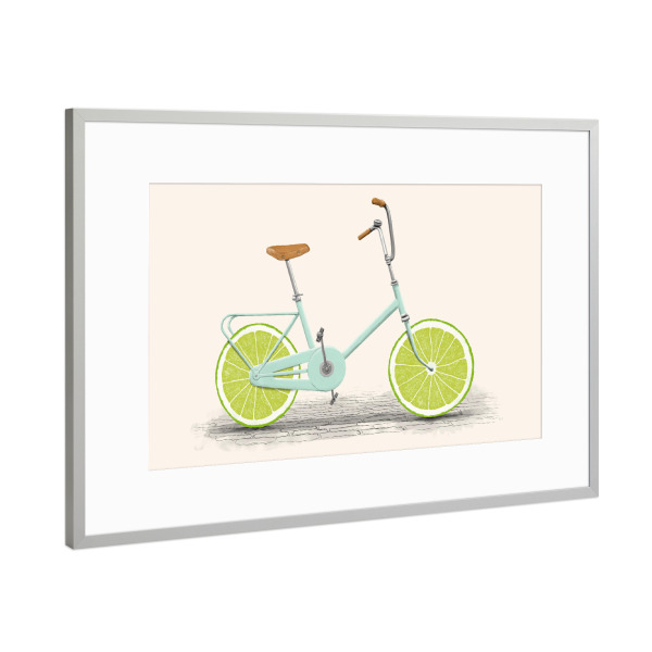 Poster mit Rahmen Silber "Säurerad" artboxONE - Abstrakt,Sommer - Fahrrad,Rad,Limone,Limonen,Zitrus,Vitamin,Vitamine,Radfahren,Räder