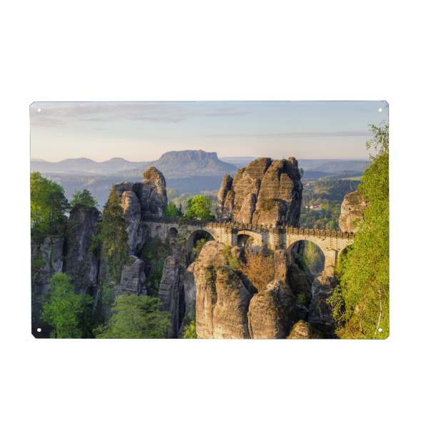 Holzbild "Basteibrücke Romantik 2" artboxONE - Natur,Reise - Mountain,Nature,Getaway,Stones,Baum,Tree,Clouds,Wolken,Sky,Himmel,Romantik,Romantic