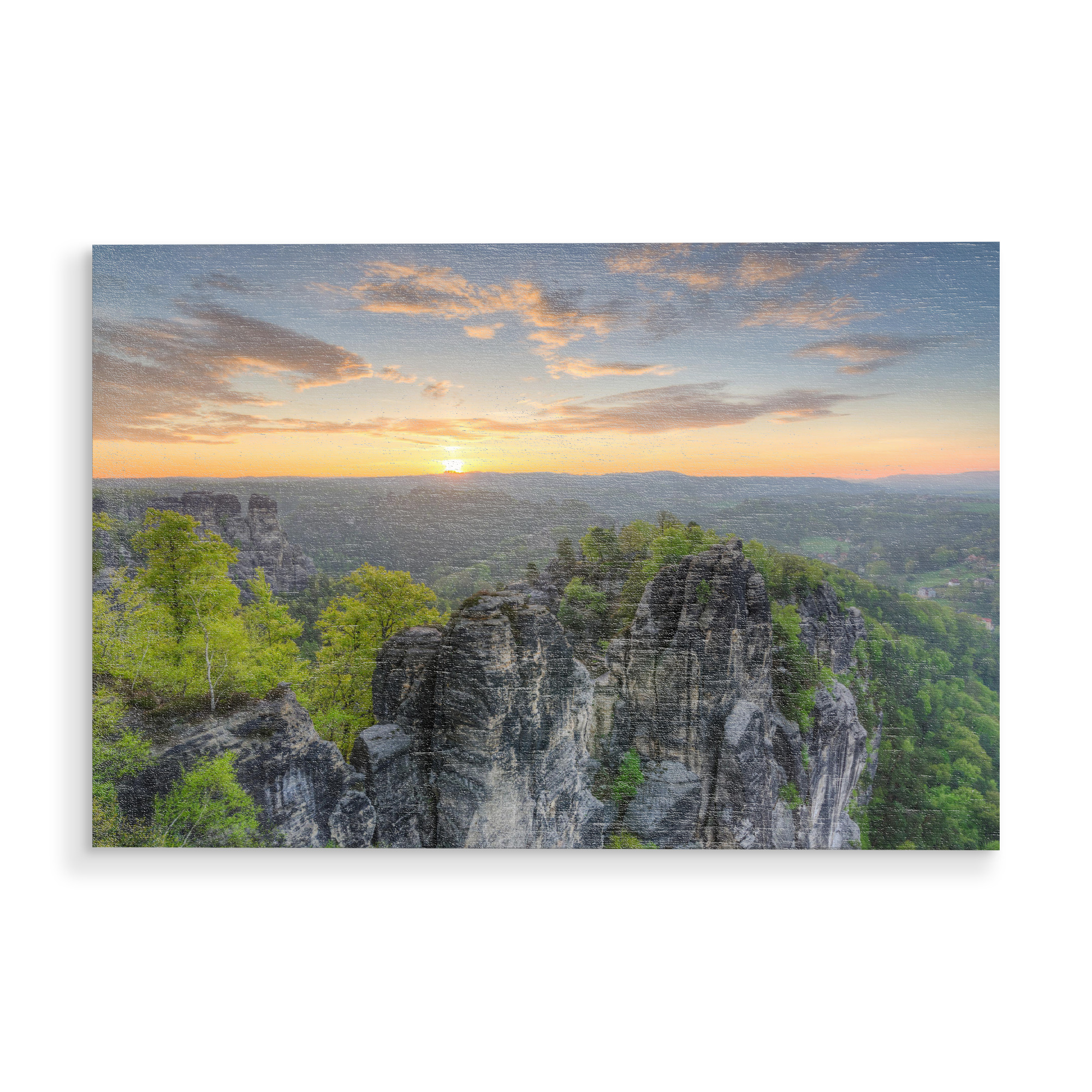 Holzbild "Erwachen im Elbsandsteingebirge" artboxONE - Natur,Reise - Mountain,Nature,Getaway,Stones,Baum,Tree,Clouds,Wolken,Sky,Himmel,Romantik,Sunset