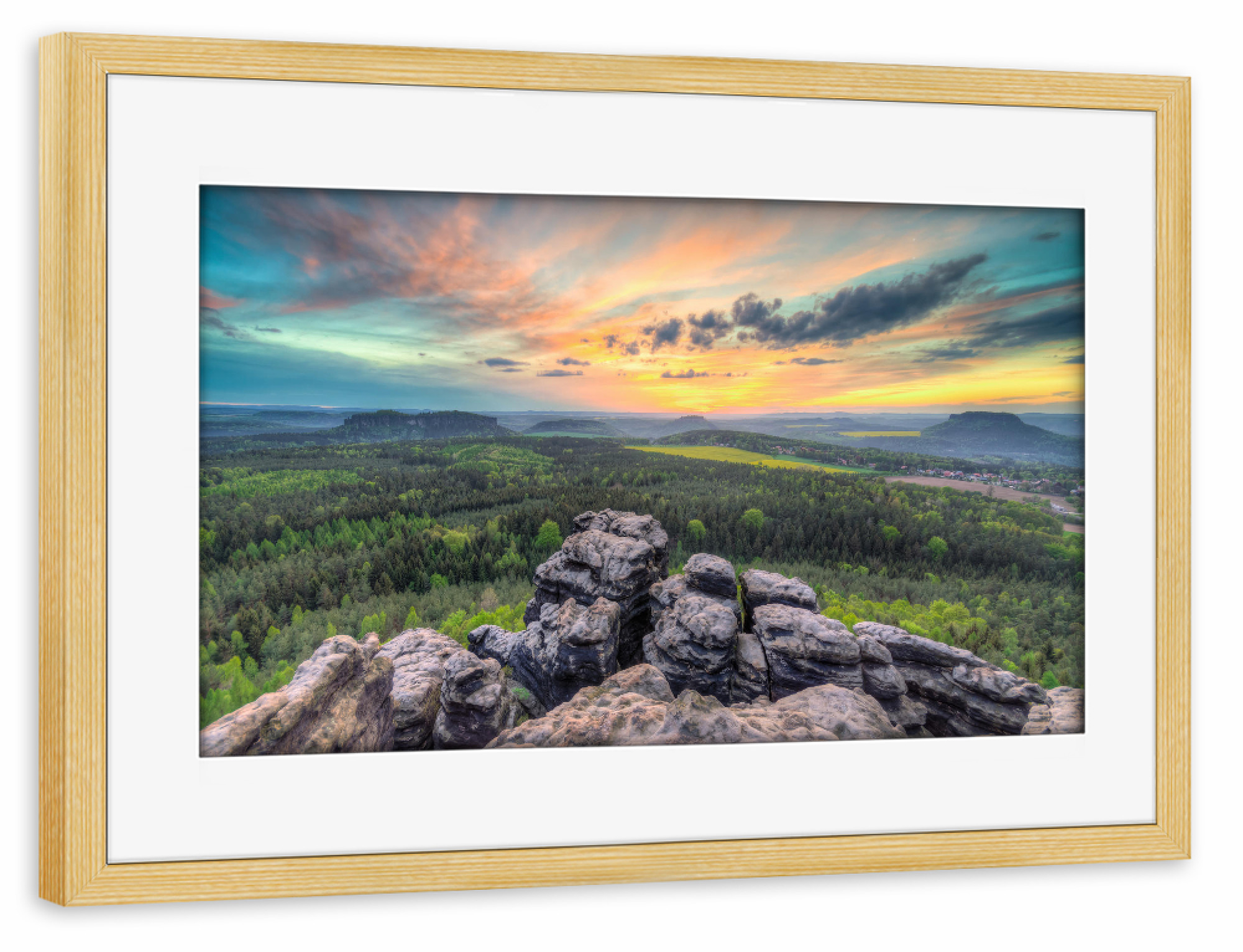 Poster mit Rahmen kiefer "Sonnenuntergang Sächsische Schweiz" artboxONE - Natur,Reise
