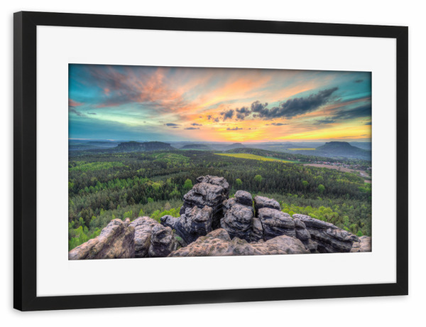 Poster mit Rahmen schwarz "Sonnenuntergang Sächsische Schweiz" artboxONE - Natur,Reise