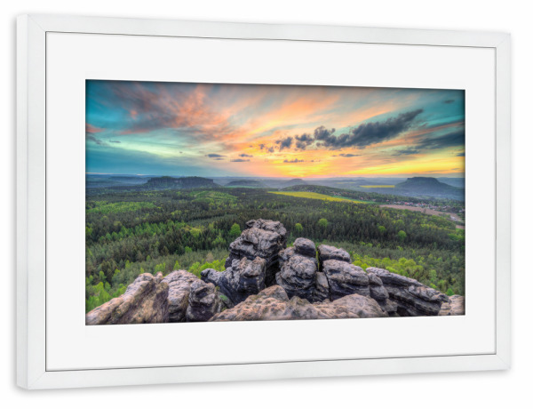 Poster mit Rahmen weiß "Sonnenuntergang Sächsische Schweiz" artboxONE - Natur,Reise