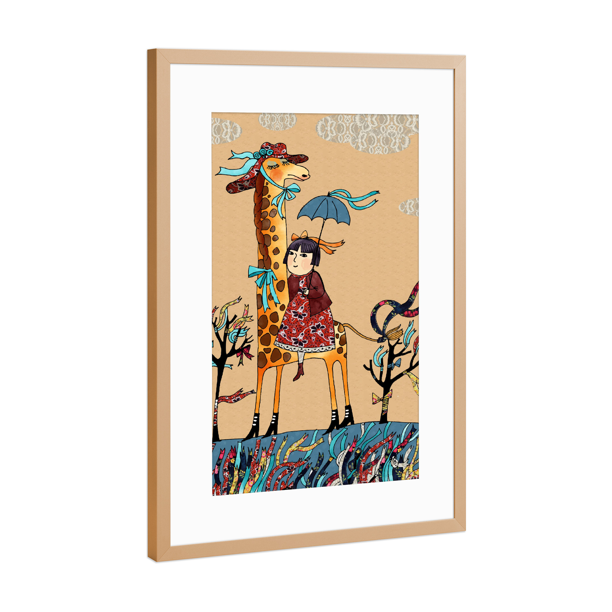Poster mit Rahmen Kupfer "Giraffe Mädchen" artboxONE - Für Kinder