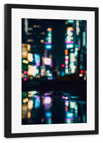 Poster mit Rahmen schwarz "Warten" artboxONE - Städte / New York - Tiefenschärfe,Schärfentiefe,Schiefentärfe,Verschwommen,Lichter,Kreise,Regen,Straße
