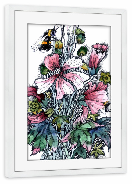 Poster mit Rahmen weiß "Flower 2" artboxONE - Floral - Blumen,Blüten,Hummel,Bestäubung,Pastell
