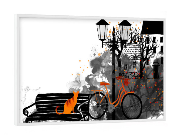 Poster mit weißem Rahmen "Cat in front" artboxONE - Für Kinder - Katze,Katze,Katzenhaus,Bank,Fahrrad,Laub,Herbst,Dunkelheit,Lampe,Stehlampe