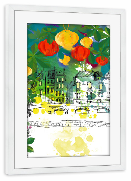 Poster mit Rahmen weiß "Night in Paris" artboxONE - Städte / Paris - Sommerabend,Alstadt,Ahorn,Stadtmauer,Idylle