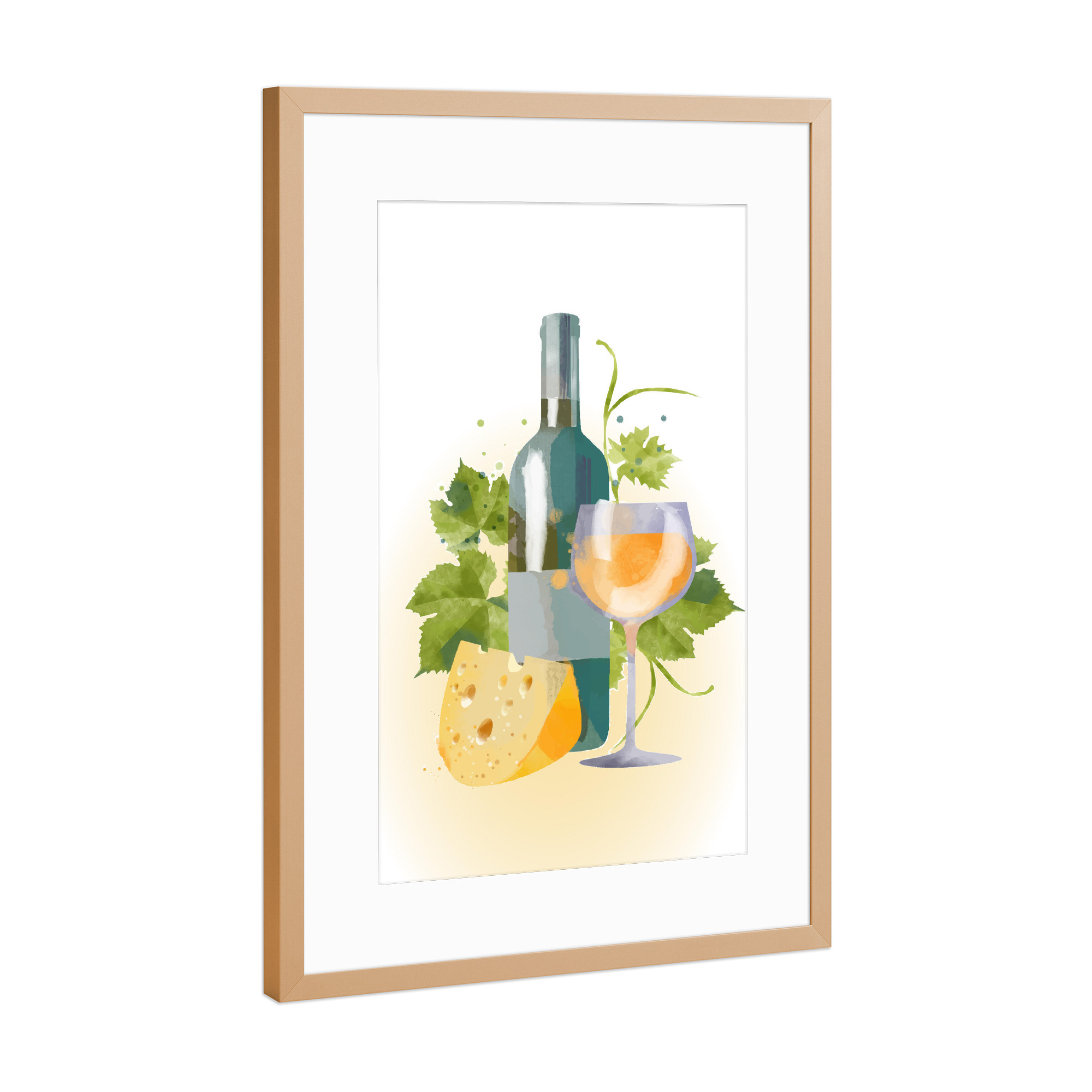 Poster mit Rahmen Kupfer "Blonder Wein" artboxONE - Rock the kitchen,Essen & Trinken - Weißwein,Käse,Flasche,Gläser,Dessert,Frankreich,Leben,Nachtisch