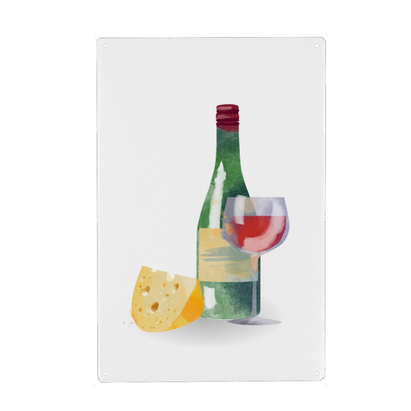 Holzbild "Roter Wein" artboxONE - Rock the kitchen,Essen & Trinken - Rotwein,Gereift,Käse,Weinflasche,Käseeecke,Käseblock,Dessert,Nachtisch