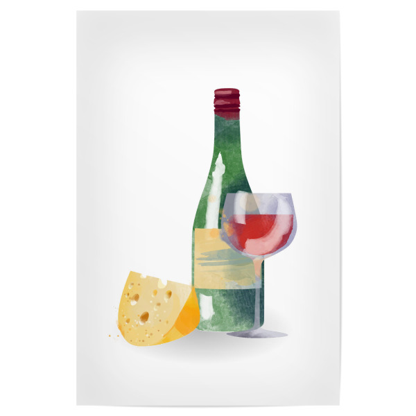 Poster 30x20 cm "Roter Wein" artboxONE - Rock the kitchen,Essen & Trinken - Rotwein,Gereift,Käse,Weinflasche,Käseeecke,Käseblock,Dessert,Nachtisch