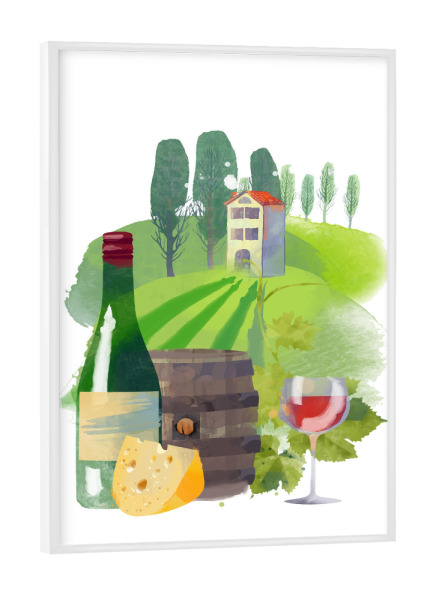 Poster mit weißem Rahmen "Weinberg" artboxONE - Rock the kitchen,Essen & Trinken - Rotwein,Gereift,Käse,Weinflasche,Weinfass,Haus,Weinanbau,Leben