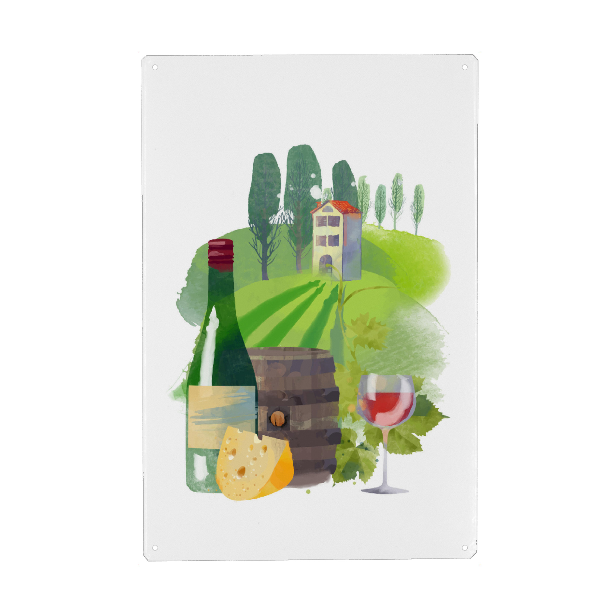 Metall Poster "Weinberg" artboxONE - Rock the kitchen,Essen & Trinken - Rotwein,Gereift,Käse,Weinflasche,Weinfass,Haus,Weinanbau,Leben - Blechschild