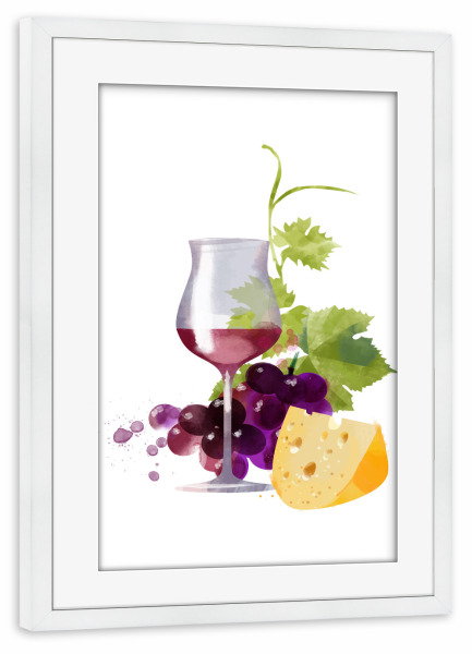 Poster mit Rahmen weiß "Wine Set" artboxONE - Rock the kitchen,Essen & Trinken - Rotwein,Trauben,Käse,Dessert,Nachtisch
