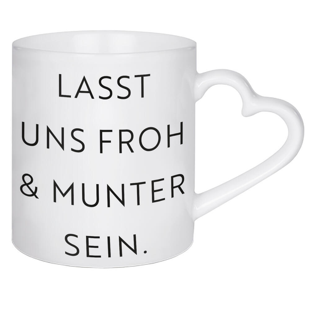 Herztasse "Lasst uns froh und munter sein" artboxONE - Typografie,Schwarzweiß,Weihnachten,Lehrersprüche,Lustig