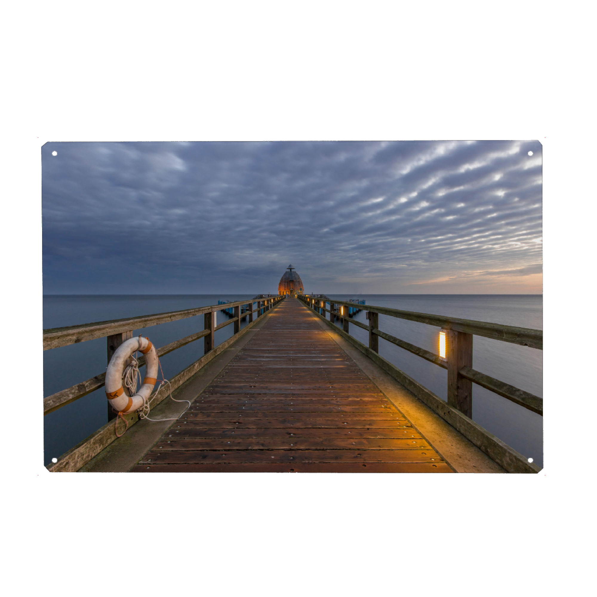 Metall Poster "Seebrücke" artboxONE - Natur - Meer,Steg,Weitsicht,Fernblick,Sonne,Sommer,See,Rettungsring,Beleuchtung - Blechschild