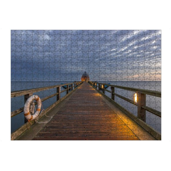 Puzzle Ravensburger "Seebrücke" artboxONE - Natur - Meer,Steg,Weitsicht,Fernblick,Sonne,Sommer,See,Rettungsring,Beleuchtung - Bild meer