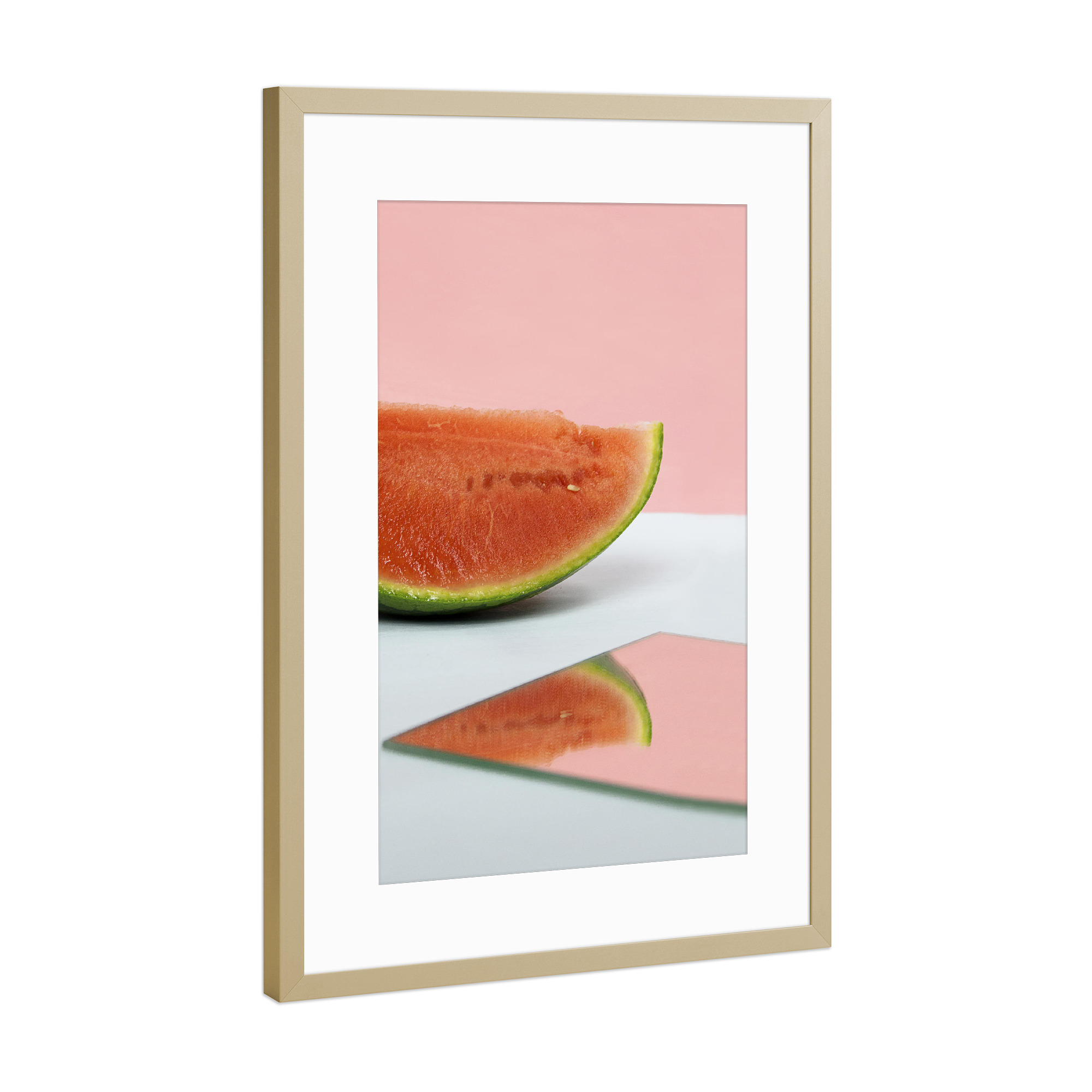Poster mit Rahmen Gold "Mirror Melon" artboxONE - Essen & Trinken - Melone,Spiegel,Fotografie,Frucht,Obst,Fruit,Essen,Fruchtig,Wassermelone