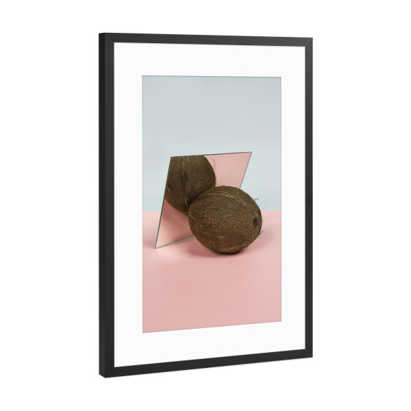 Poster mit Rahmen Schwarz (Metallic) "Mirror Coconut I" artboxONE - Essen & Trinken - Serenity,Rosequartz,Kokosnuss,Spiegel,Obst,Frucht,Pastell