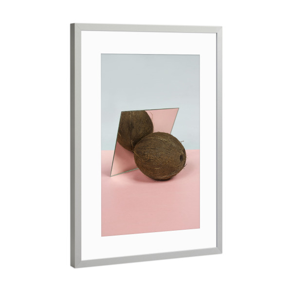 Poster mit Rahmen Silber "Mirror Coconut I" artboxONE - Essen & Trinken - Serenity,Rosequartz,Kokosnuss,Spiegel,Obst,Frucht,Pastell