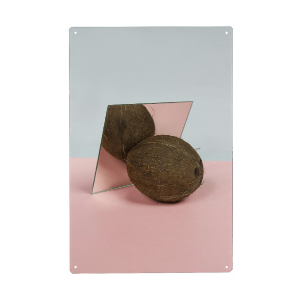 Metall Poster "Mirror Coconut I" artboxONE - Essen & Trinken - Serenity,Rosequartz,Kokosnuss,Spiegel,Obst,Frucht,Pastell - Blechschild
