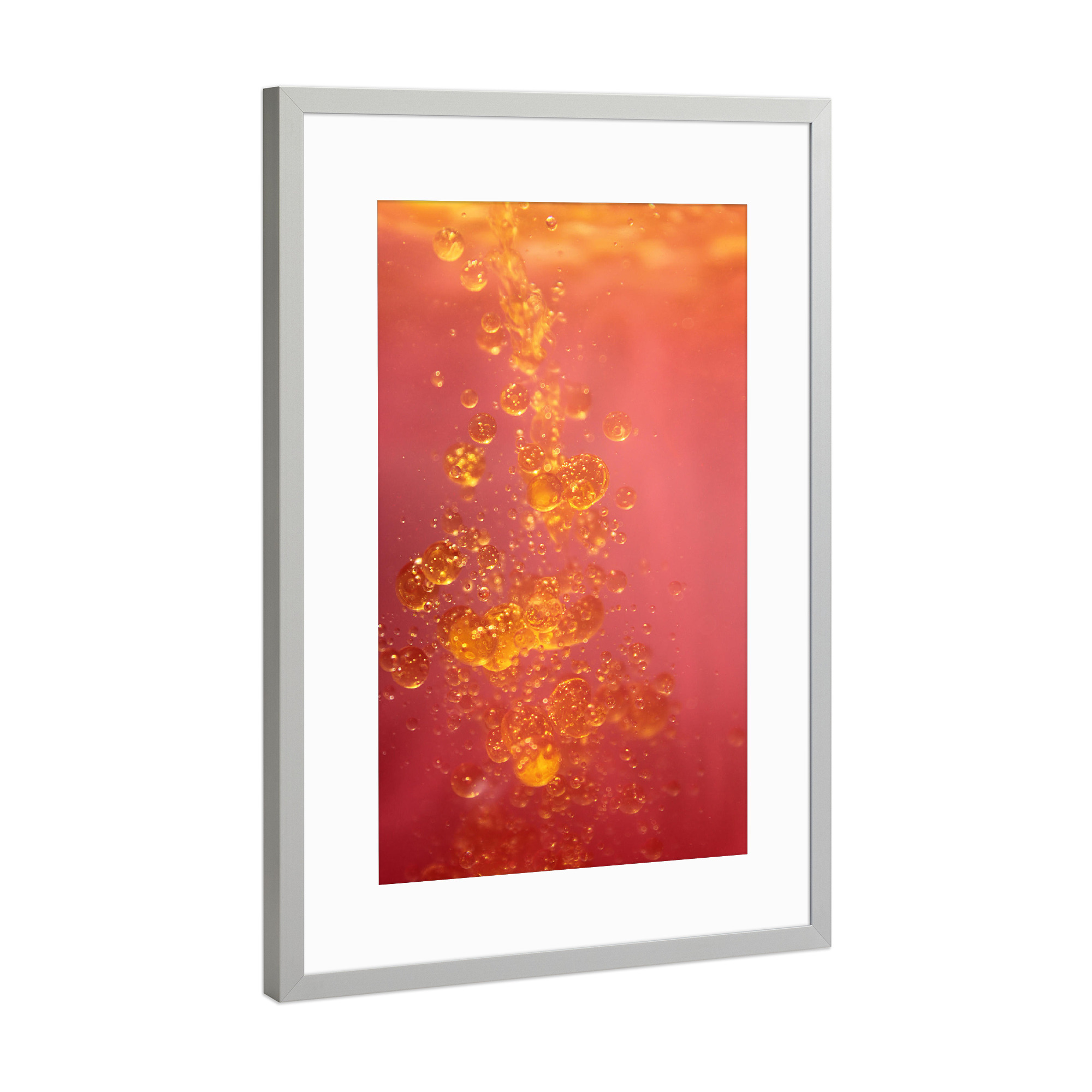 Poster mit Rahmen Silber "Bubbles Orange" artboxONE - Abstrakt - Luftblasen,Unterwasserfotografie,Knallfarben