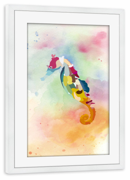 Poster mit Rahmen weiß "Aquarell Seepferdchen" artboxONE - Für Kinder,Unterwasser - Frühschwimmer,Hippocampus,Wasserfarben,Serenity,Rosequartz,Pastell