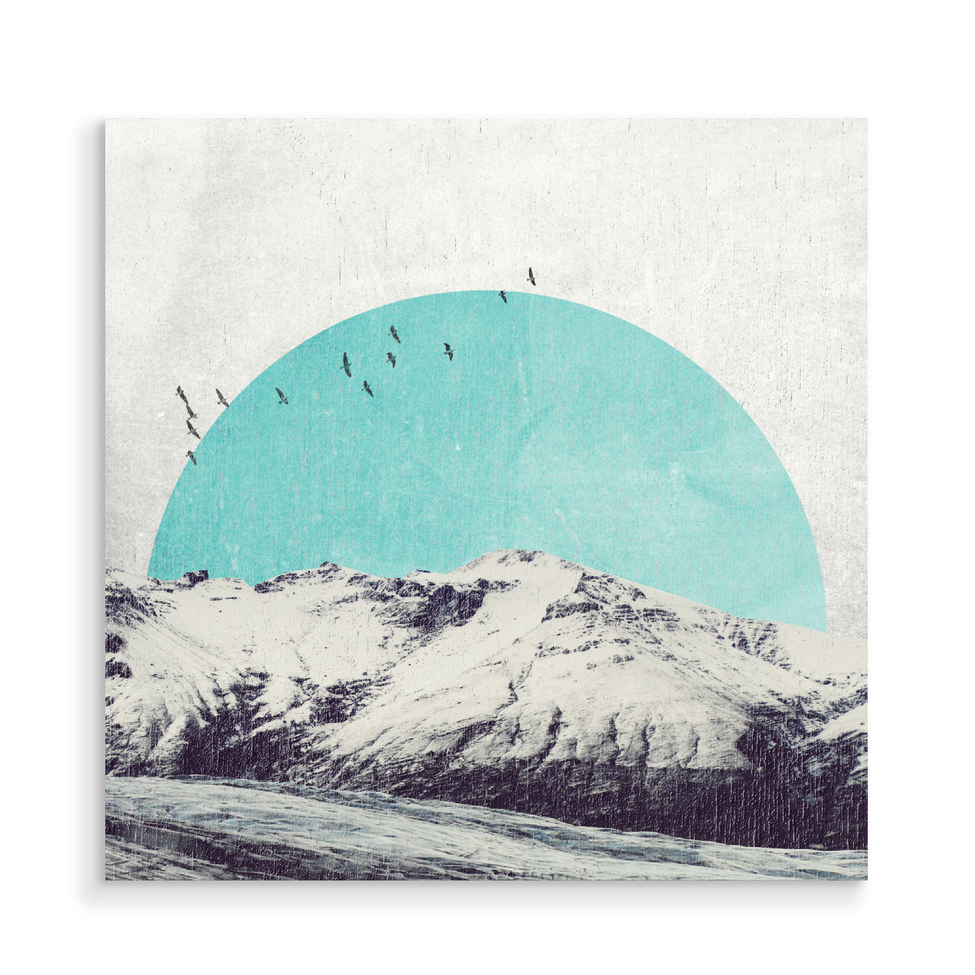 Holzbild "Sonne hinter Bergen" artboxONE - Geometrie,Retro - Sonne,Berge,Vögel,Bergsee