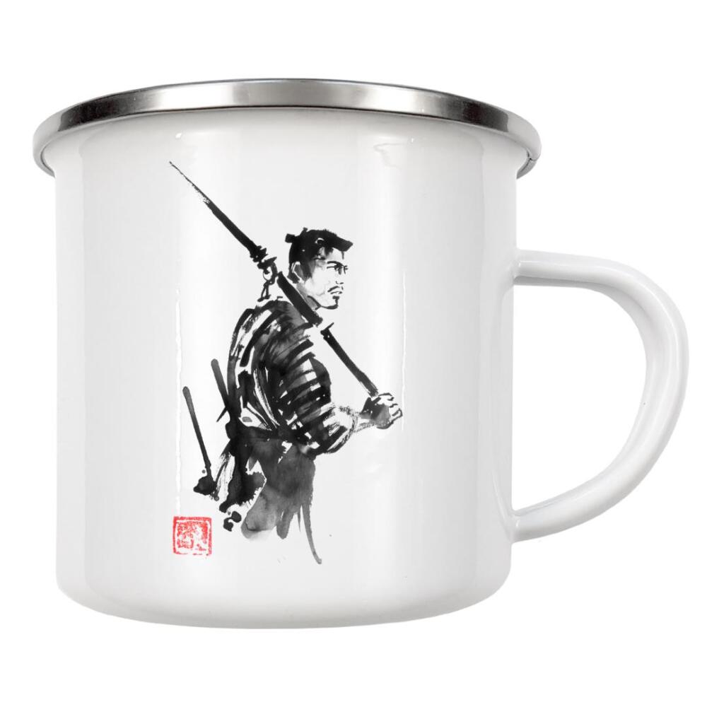 Emaille Tasse "One samurai" artboxONE - Menschen,Reise / Asien,Männer - Samurai,Sumie,Japan,Schwarzweiß,Krieger,Kämpfer,Warrior