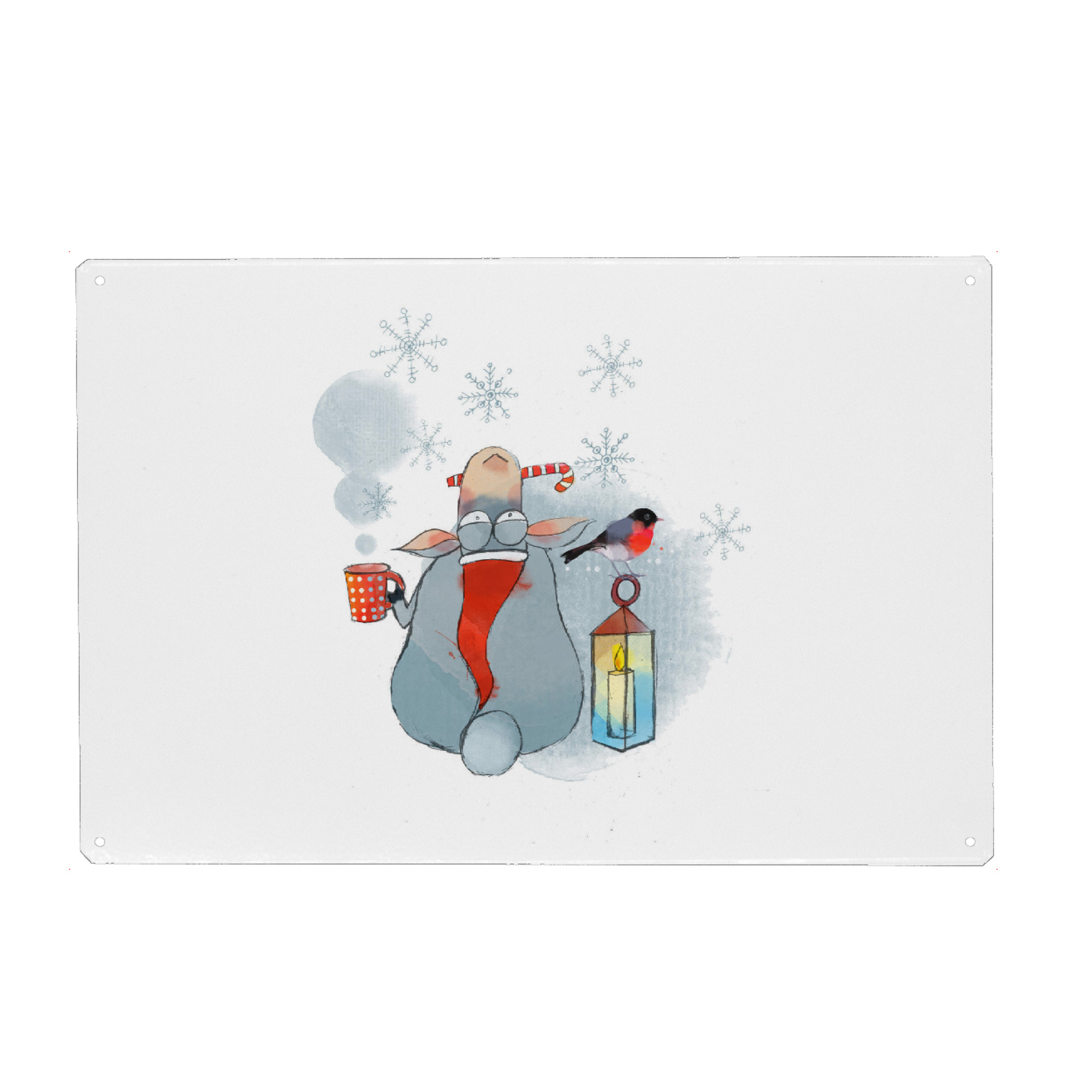 Metall Poster "Weihnachts Schaf" artboxONE - Illustration - Schnee,Vogel,Schaf,Weihnachtsmütze,Tee,Tasse,Kerze,Licht - Blechschild