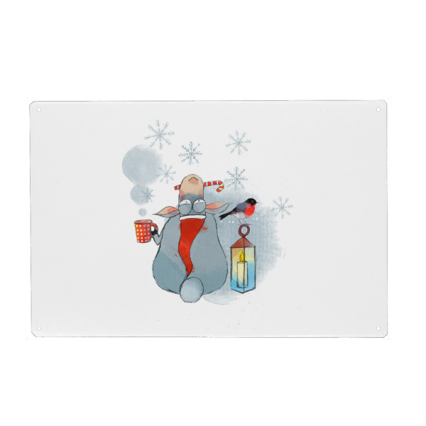 Holzbild "Weihnachts Schaf" artboxONE - Illustration - Schnee,Vogel,Schaf,Weihnachtsmütze,Tee,Tasse,Kerze,Licht