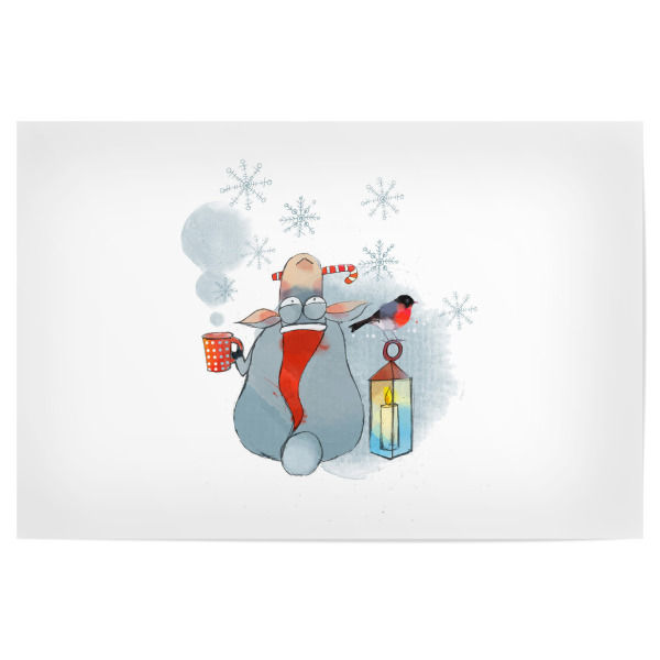 Poster 30x20 cm "Weihnachts Schaf" artboxONE - Illustration - Schnee,Vogel,Schaf,Weihnachtsmütze,Tee,Tasse,Kerze,Licht