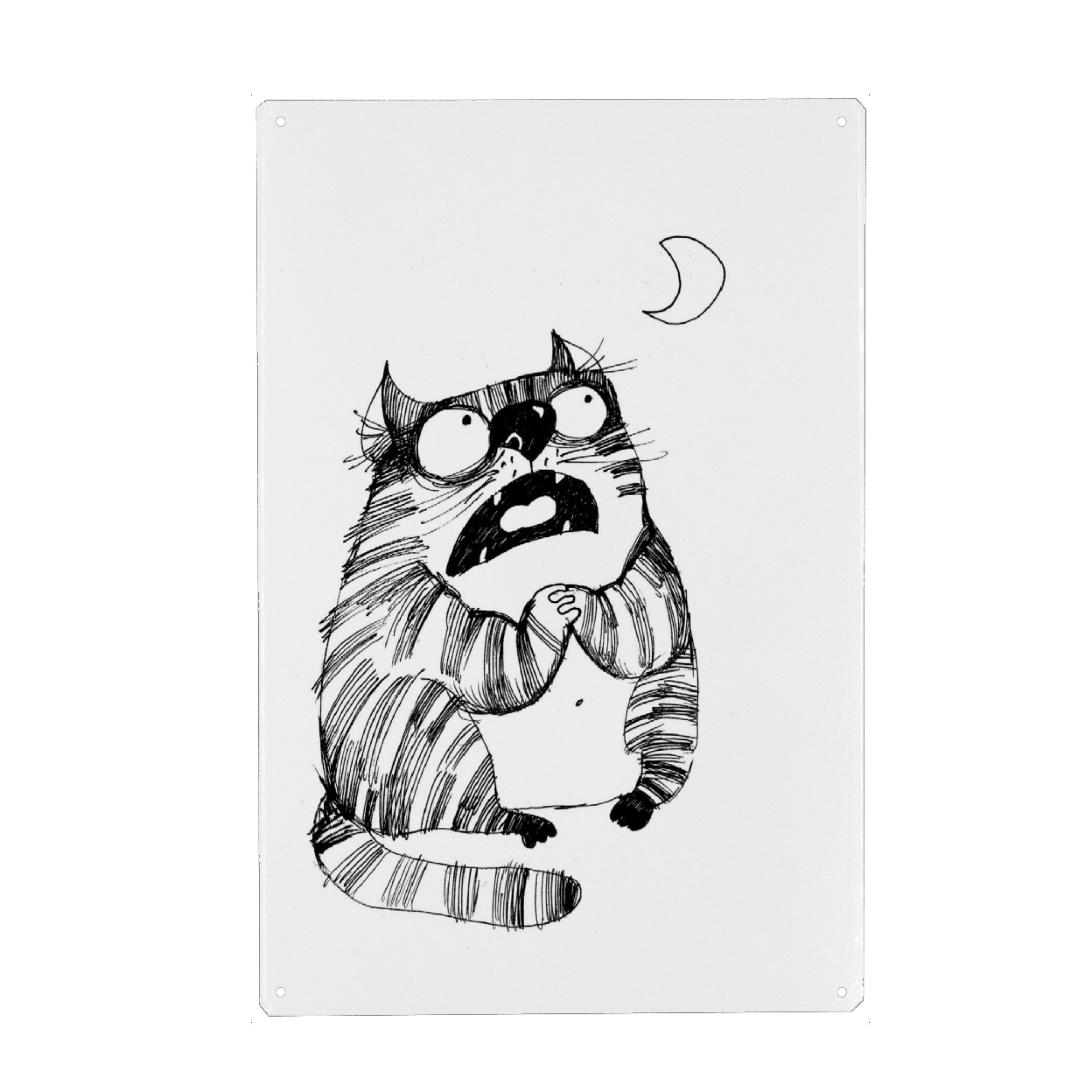 Metall Poster "Moon Cat" artboxONE - Schwarzweiß,Stift & Papier,Illustration - Katze,Cat,Catcontent,Mond,Beten,Hilfe,Help - Blechschild