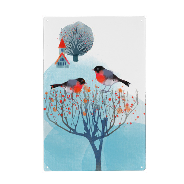 Holzbild "Winter Wonderland" artboxONE - Illustration - Dorf,Baum,Katzen,überwinterung,Winter,Schnee,Kahl