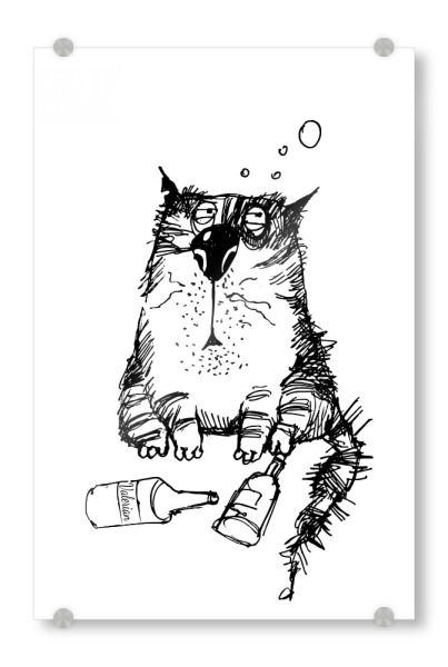 Acrylglasbild "Vino Cat" artboxONE - Schwarzweiß,Stift & Papier,Illustration - Wein,Vino,Katze,Catcontent,Cat,Kater,Drunk,Alkohol,Betrunken,Bart,Tiere