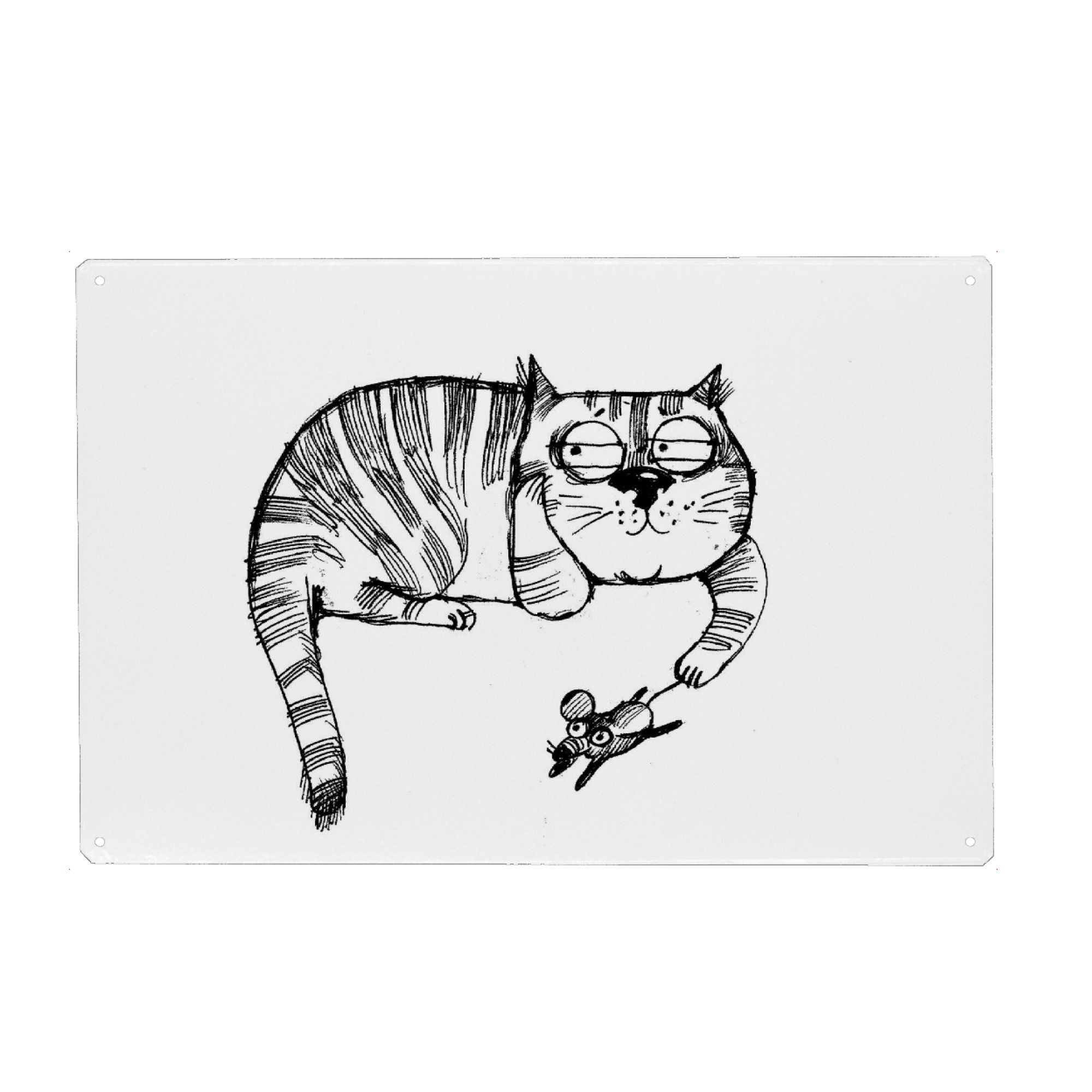 Metall Poster "Play Cat" artboxONE - Schwarzweiß,Stift & Papier,Illustration - Katze,Maus,Catcontent,Katze,Maus,Tiere,Spielen - Blechschild