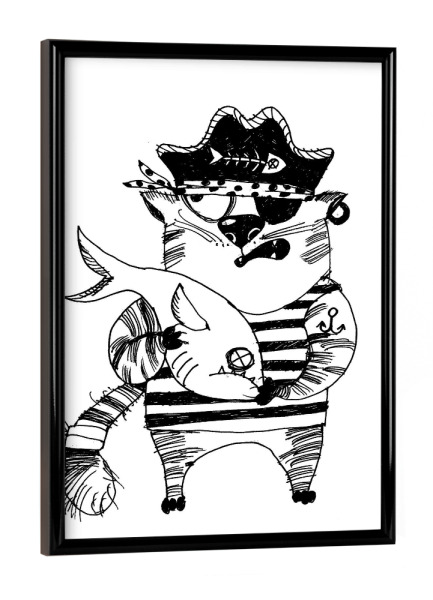 Poster mit schwarzem Rahmen "Pirate Cat" artboxONE - Schwarzweiß,Stift & Papier,Illustration - Katze,Cat,Kinderzimmer,Tier,Comic,Pirate,Pirat