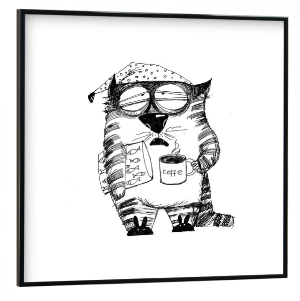 Poster mit schwarzem Rahmen 30x30 cm "Cat Coffee" artboxONE - Schwarzweiß,Stift & Papier,Illustration