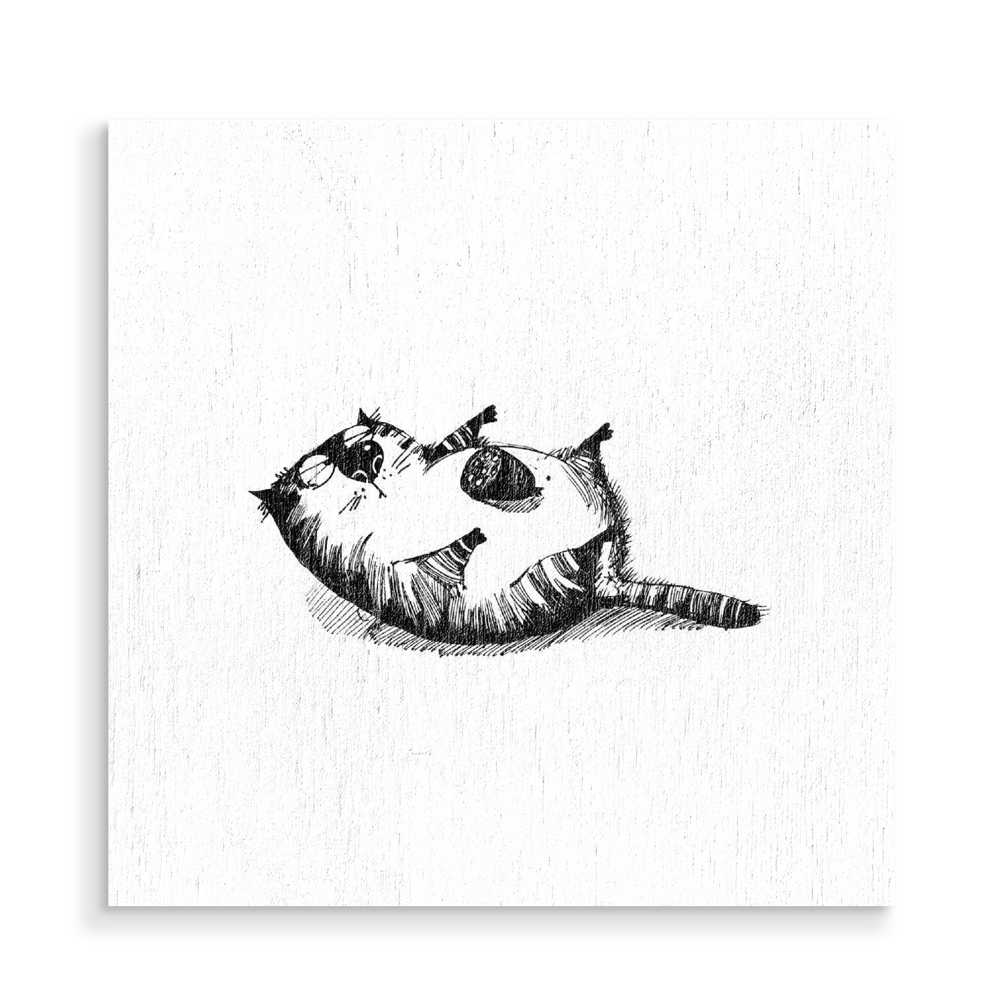 Holzbild "Lazy Cat & Birds" artboxONE - Schwarzweiß,Stift & Papier,Illustration - Katze,Cat,Catcontent,Käfer,Rückenlage,Food