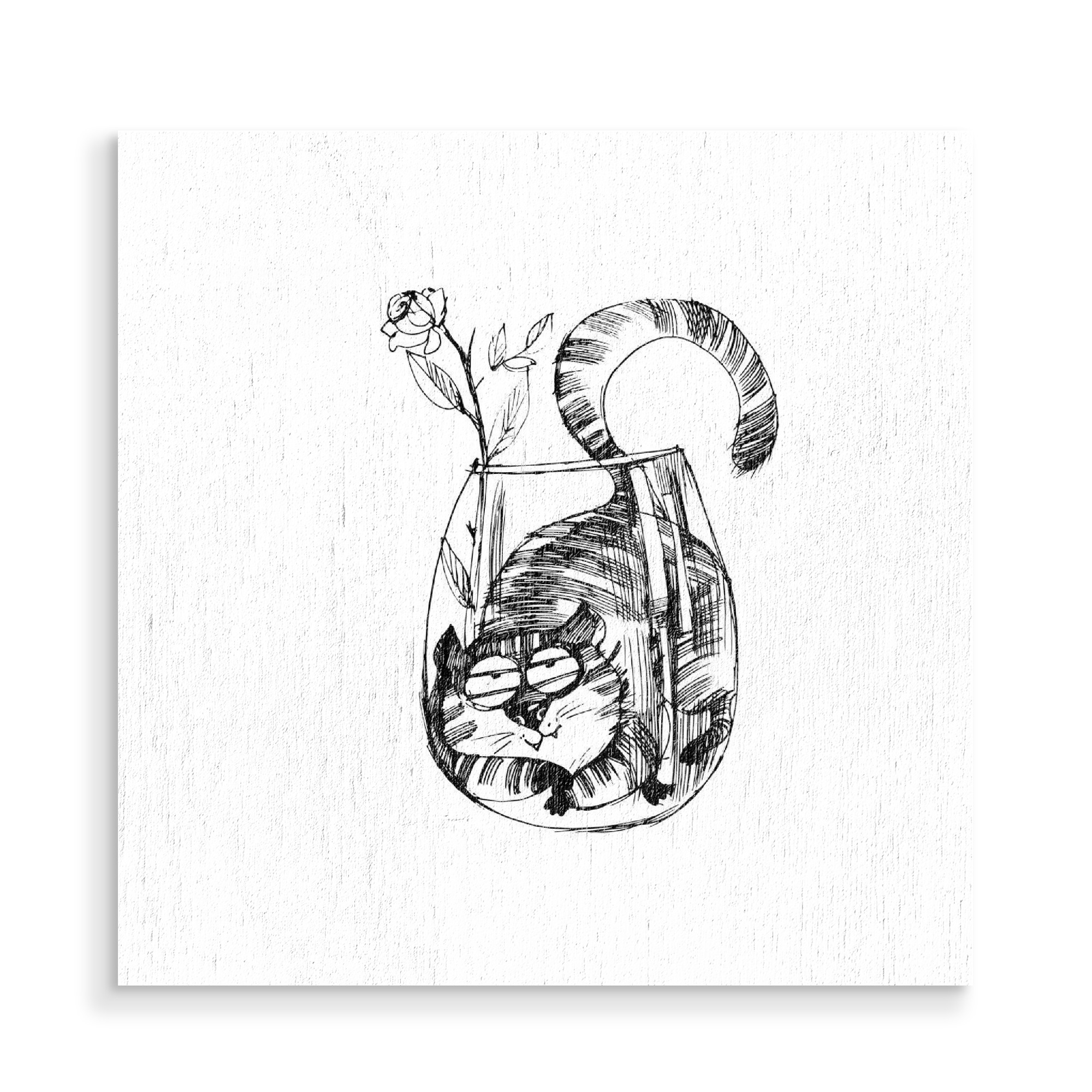 Holzbild "Cat in a bowl" artboxONE - Schwarzweiß,Stift & Papier,Illustration - Katze,Cat,Schüssel,Catcontent,Rose,Blume,Flower,Tigerkatze