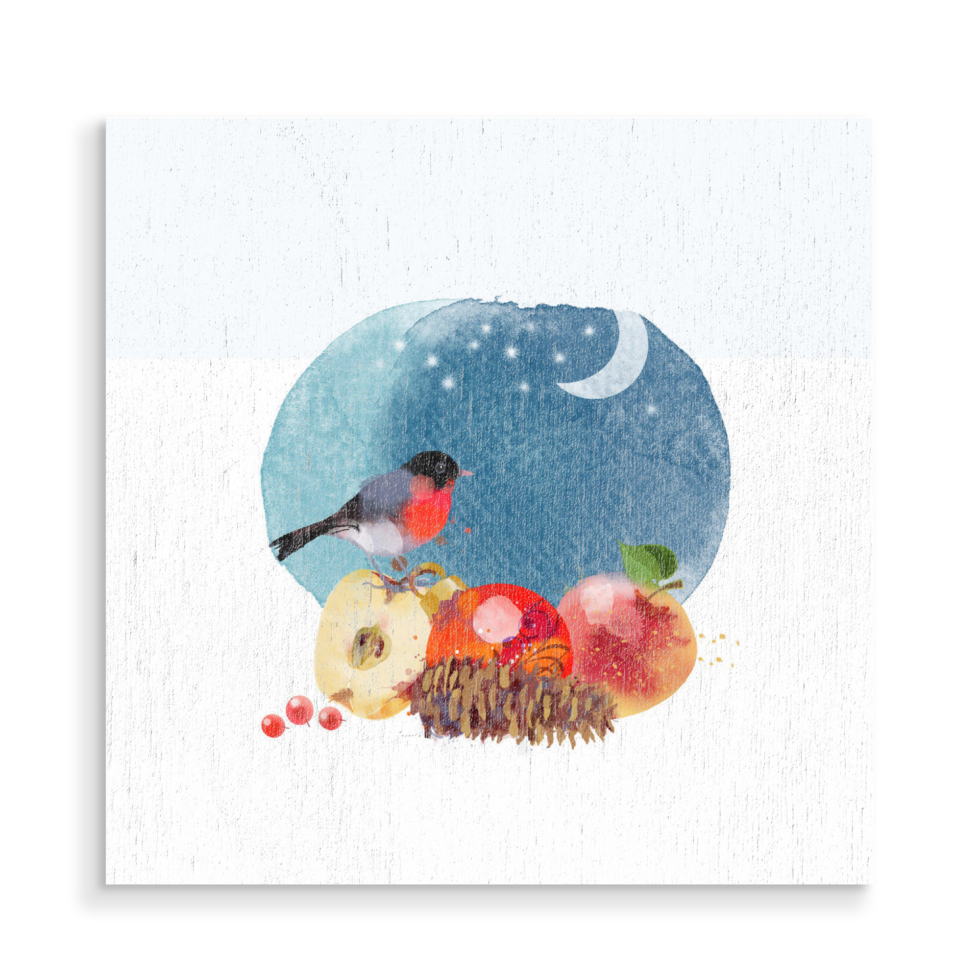 Holzbild "Apfel und Meise" artboxONE - Illustration - Apfel,Meise,Buntmeise,Winter,Schnee,Mond,Weihnachten,Tannenzapfen,Snow,Bird,Vogel,Tiere
