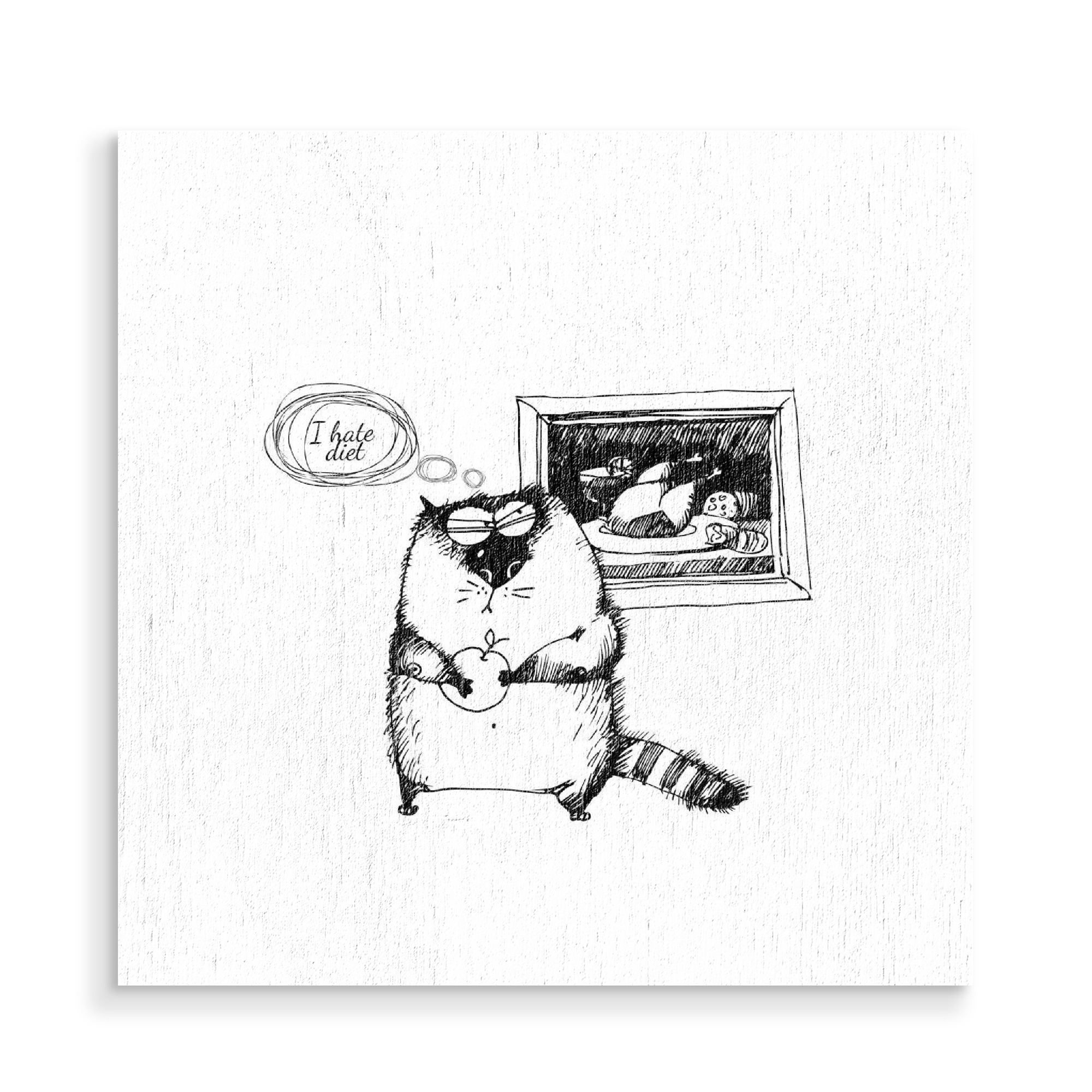 Holzbild "I hate diet" artboxONE - Schwarzweiß,Stift & Papier,Illustration - Diät,Food,Essen,Katze,Cat,Catcontent,I hate diet,Apfel,Chicken,Tiere
