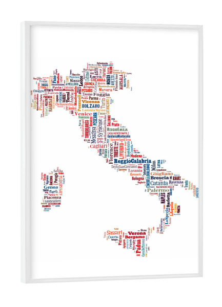 Poster mit weißem Rahmen "Italy Map Black" artboxONE - Typografie,Reise / Länder,Weltkarten,Kartografie - Karte,Landkarte,Landkarte,Italien,Italien