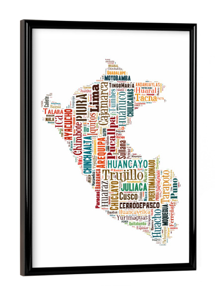 Poster mit schwarzem Rahmen "Peru Map Black" artboxONE - Typografie,Reise,Reise / Länder,Weltkarten,Kartografie - Karte,Map,Land,Landkarte,Peru