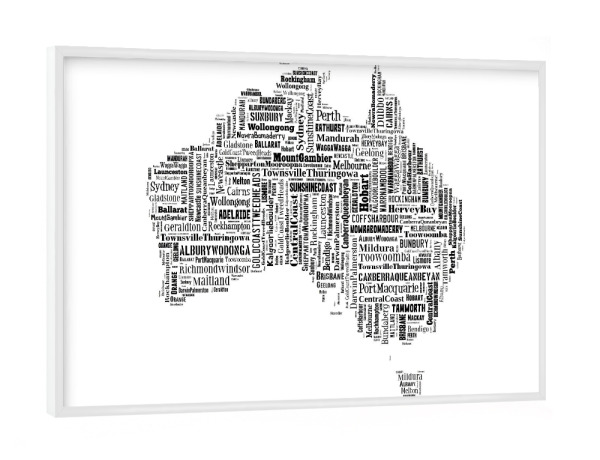 Poster mit weißem Rahmen "Australia Map Black 2" artboxONE - Typografie,Reise,Schwarzweiß,Reise / Länder,Weltkarten,Kartografie