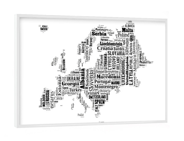 Poster mit weißem Rahmen "Europe Map Black 2" artboxONE - Typografie,Reise,Schwarzweiß,Reise / Länder,Weltkarten,Kartografie