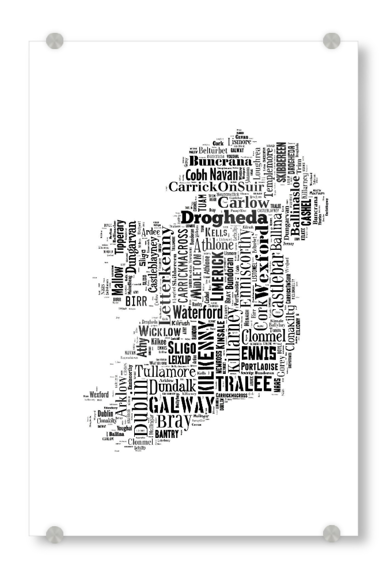 Acrylglasbild "Ireland Map Black 2" artboxONE - Typografie,Reise,Schwarzweiß,Reise / Länder,Weltkarten,Kartografie
