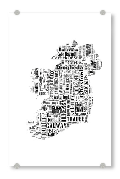 Acrylglasbild "Ireland Map Black 2" artboxONE - Typografie,Reise,Schwarzweiß,Reise / Länder,Weltkarten,Kartografie