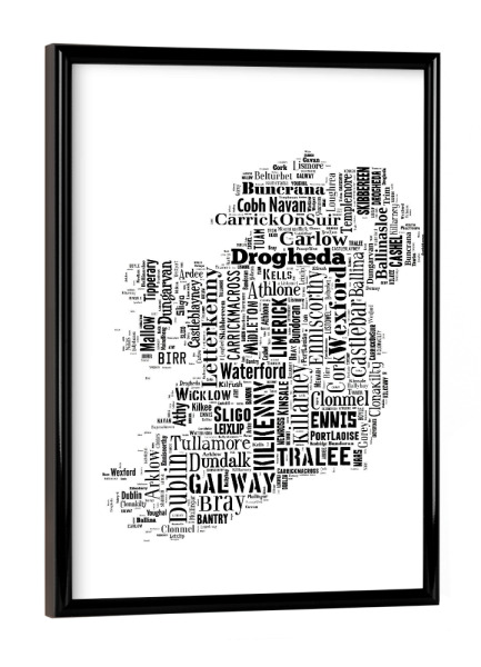 Poster mit schwarzem Rahmen "Ireland Map Black 2" artboxONE - Typografie,Reise,Schwarzweiß,Reise / Länder,Weltkarten,Kartografie