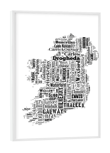 Poster mit weißem Rahmen "Ireland Map Black 2" artboxONE - Typografie,Reise,Schwarzweiß,Reise / Länder,Weltkarten,Kartografie