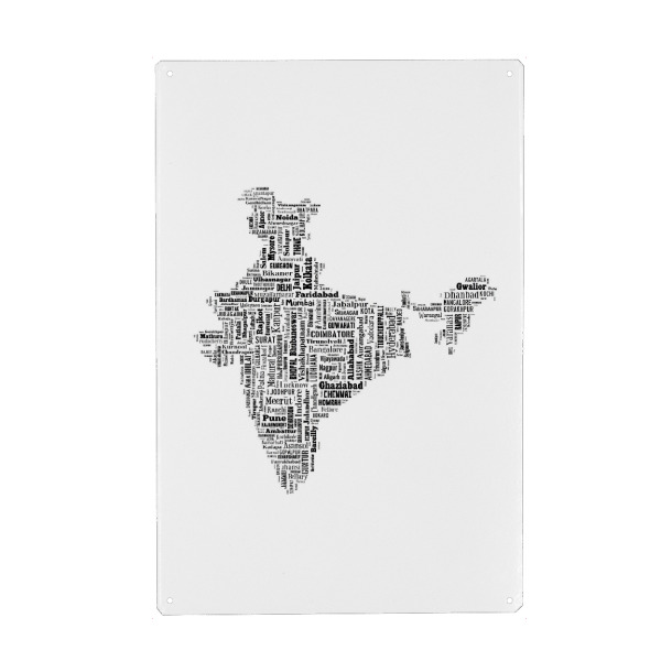Metall Poster "India Map Black 2" artboxONE - Typografie,Reise,Schwarzweiß,Reise / Länder,Weltkarten,Kartografie